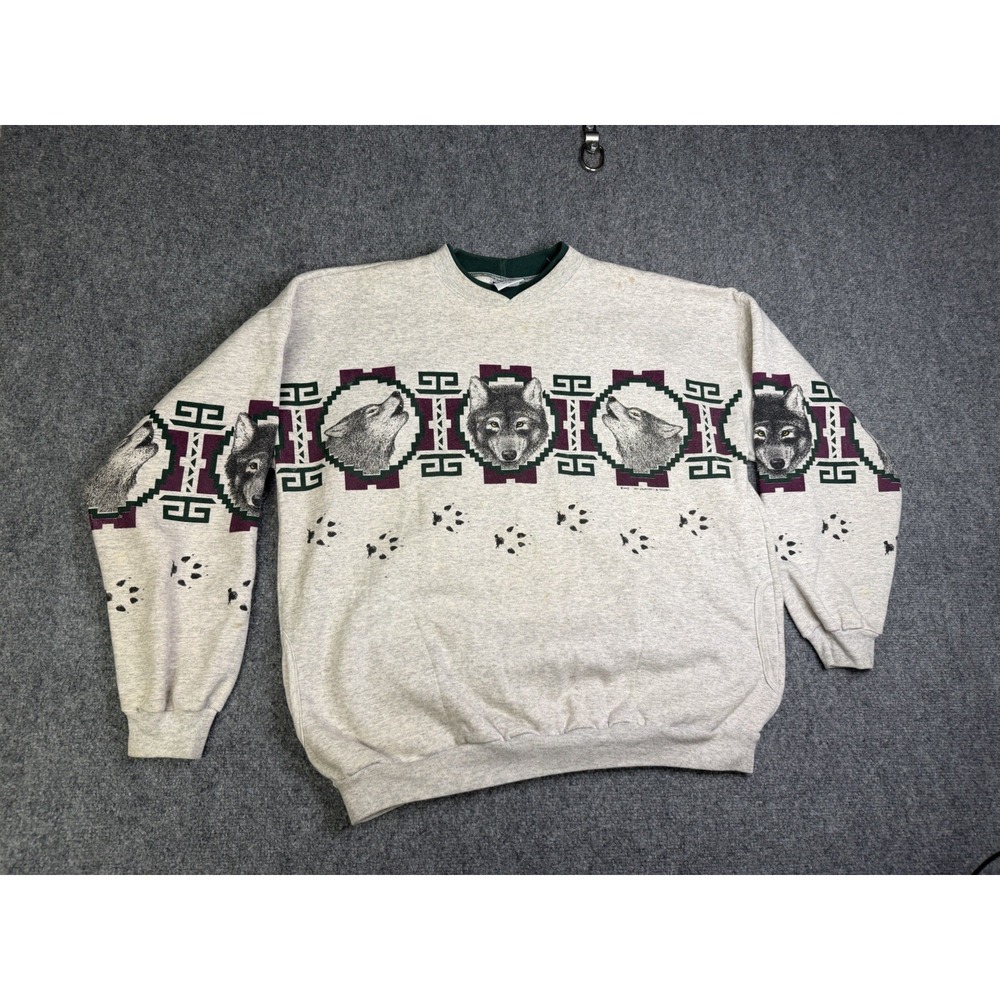 Vintage 1993 Art Unlimited Wolves Double Sided Pullover Sweater Size XL Pockets